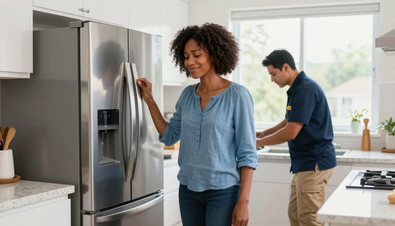 Minority female homeowner looking relieved as a technician repairs a kitchen appliance