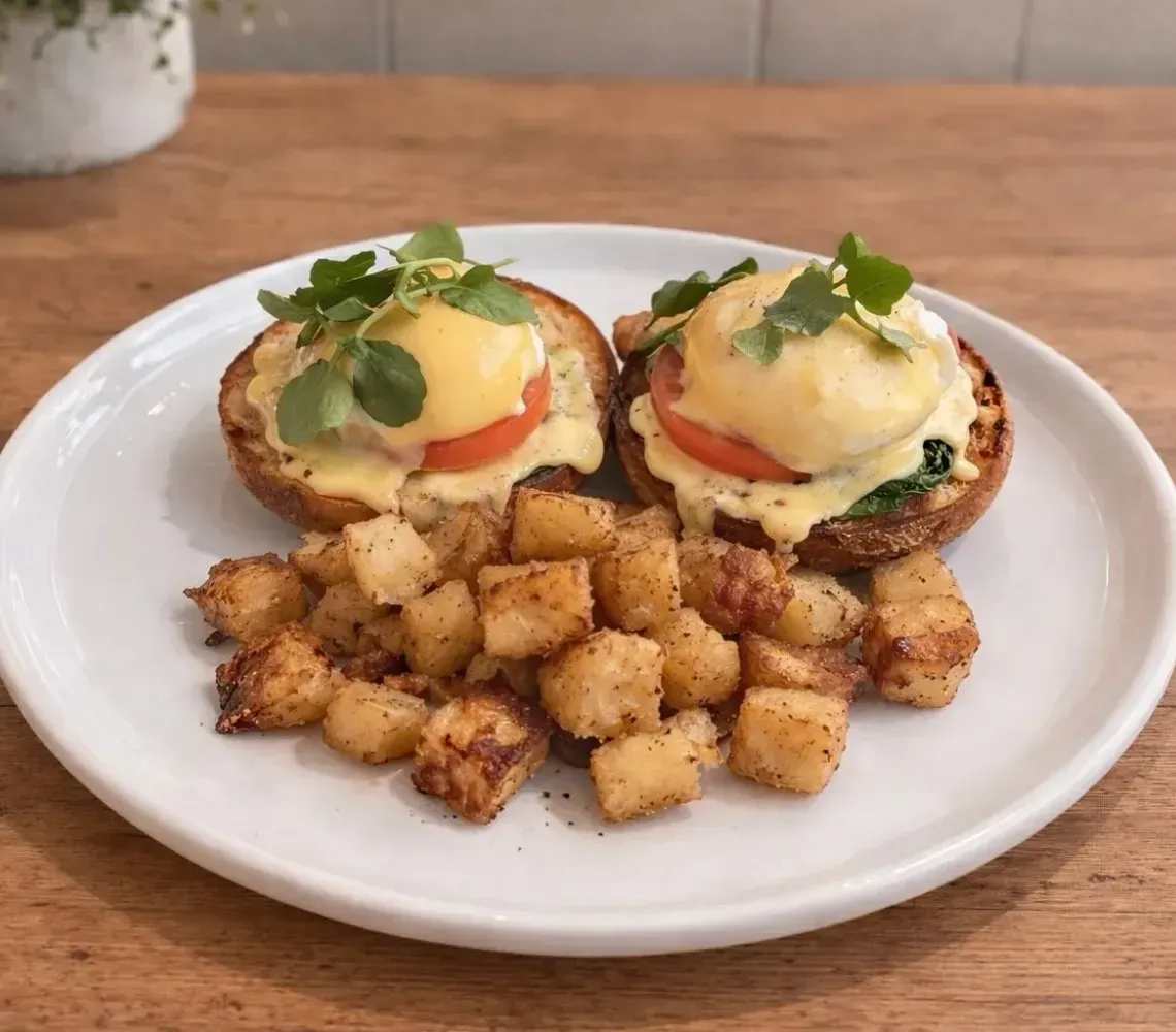 Two poached eggs over tomato slices on toasted muffins, topped with hollandaise and greens, served with golden home fries.
