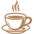 A brown, stylized icon of a steaming cup of coffee on a matching saucer.