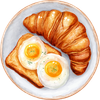 A top-down watercolor illustration of two sunny-side-up eggs on a piece of golden toast next to a croissant on a plate.