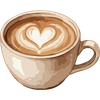 A light brown ceramic coffee cup filled with latte art in the shape of a white heart.