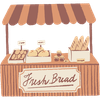 A brown and beige illustration of a fresh bread market stall with loaves and jars on the counter.
