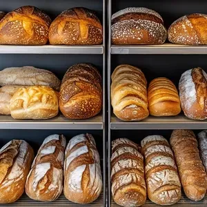 Shelves filled with various types of artisan breads, including sourdough rounds, baguettes, and scored loaves.