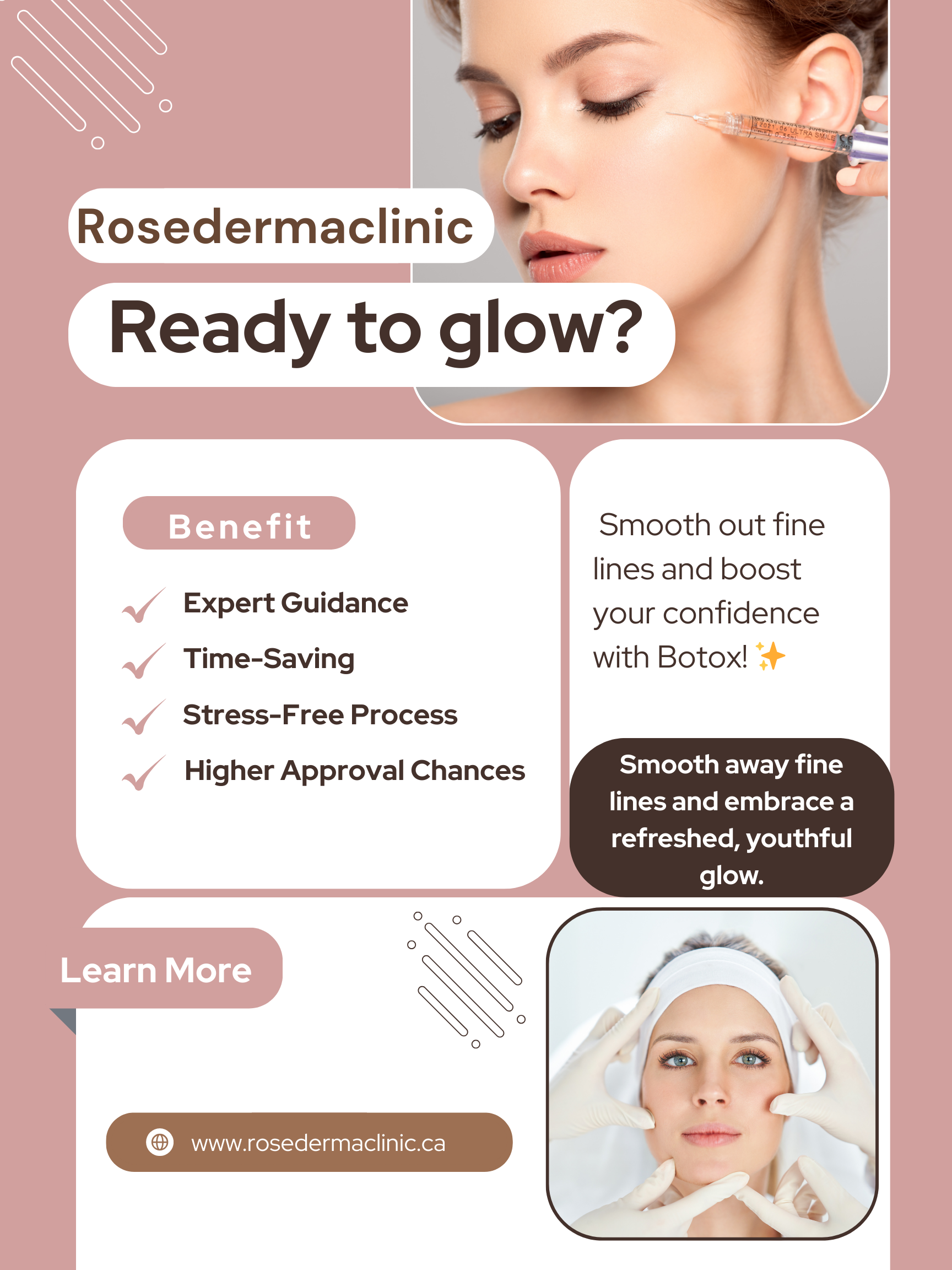 Advertisement for Rosedermaclinic promoting skin treatments: a woman's face, text 