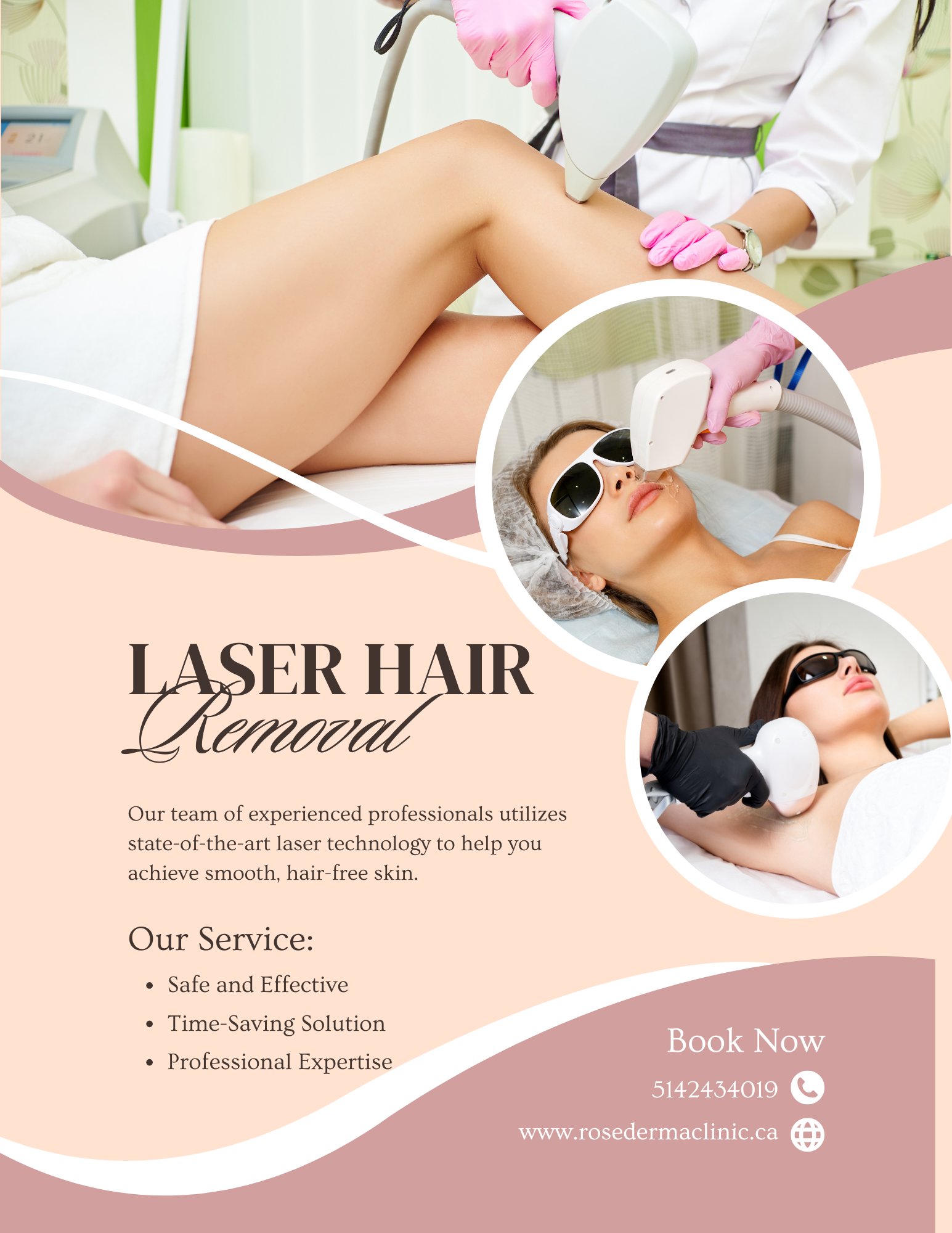 Laser hair removal flyer. Shows women receiving treatment, in a spa setting. Includes service details.