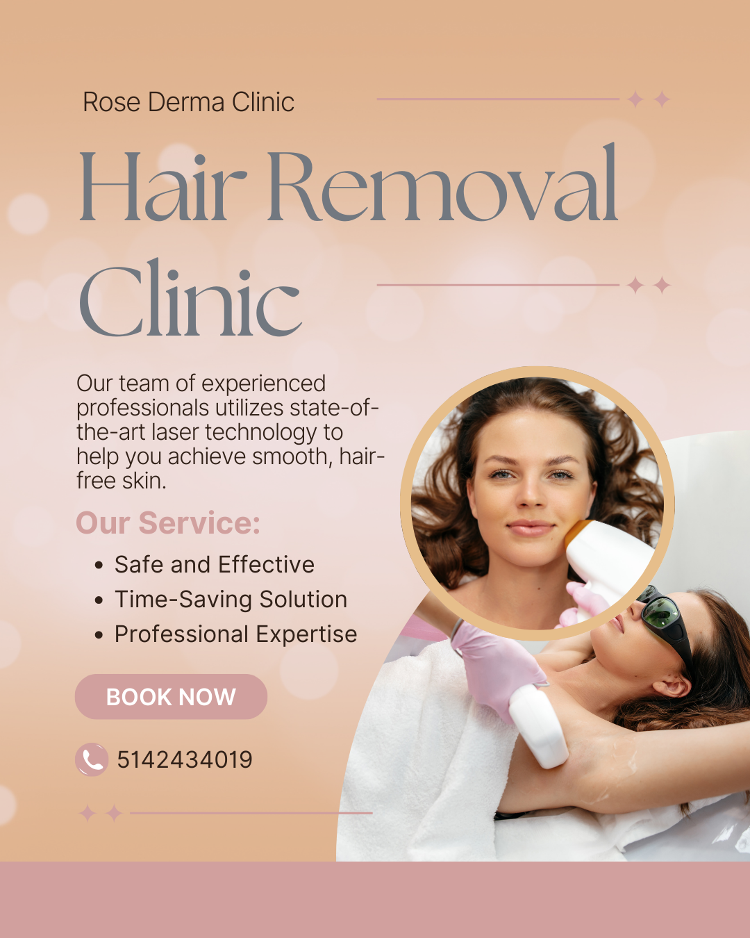 Hair removal clinic advertisement. Woman receiving laser treatment; soft peach background.