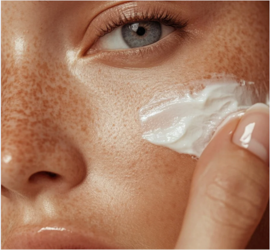 Close-up of a person applying white cream to their face; visible freckles and blue eye.
