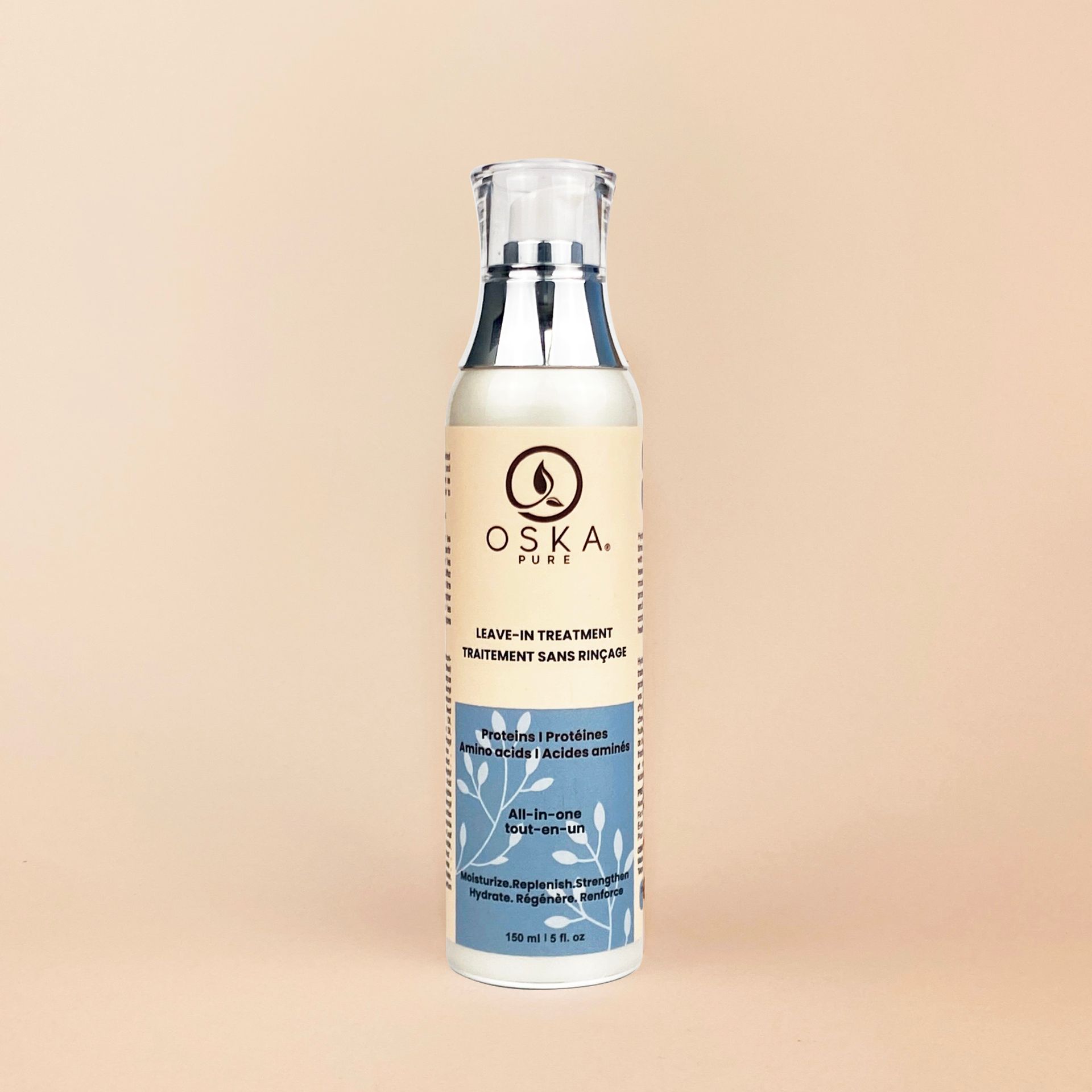 A bottle of OSKA skincare lotion with a silver pump top and blue label on a beige background.