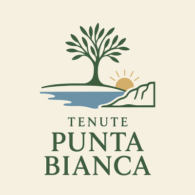 Il logo di tenute punta bianca mostra un albero e un tramonto.