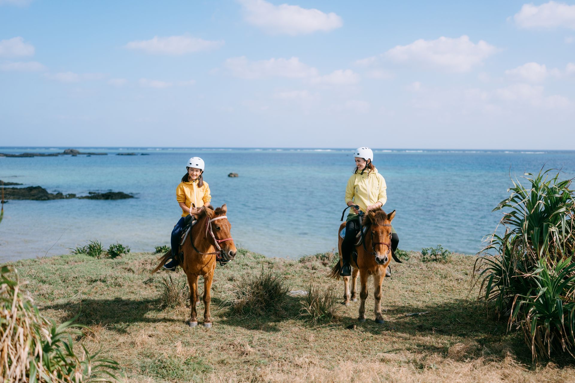 Due persone stanno cavalcando su una spiaggia vicino all'oceano.