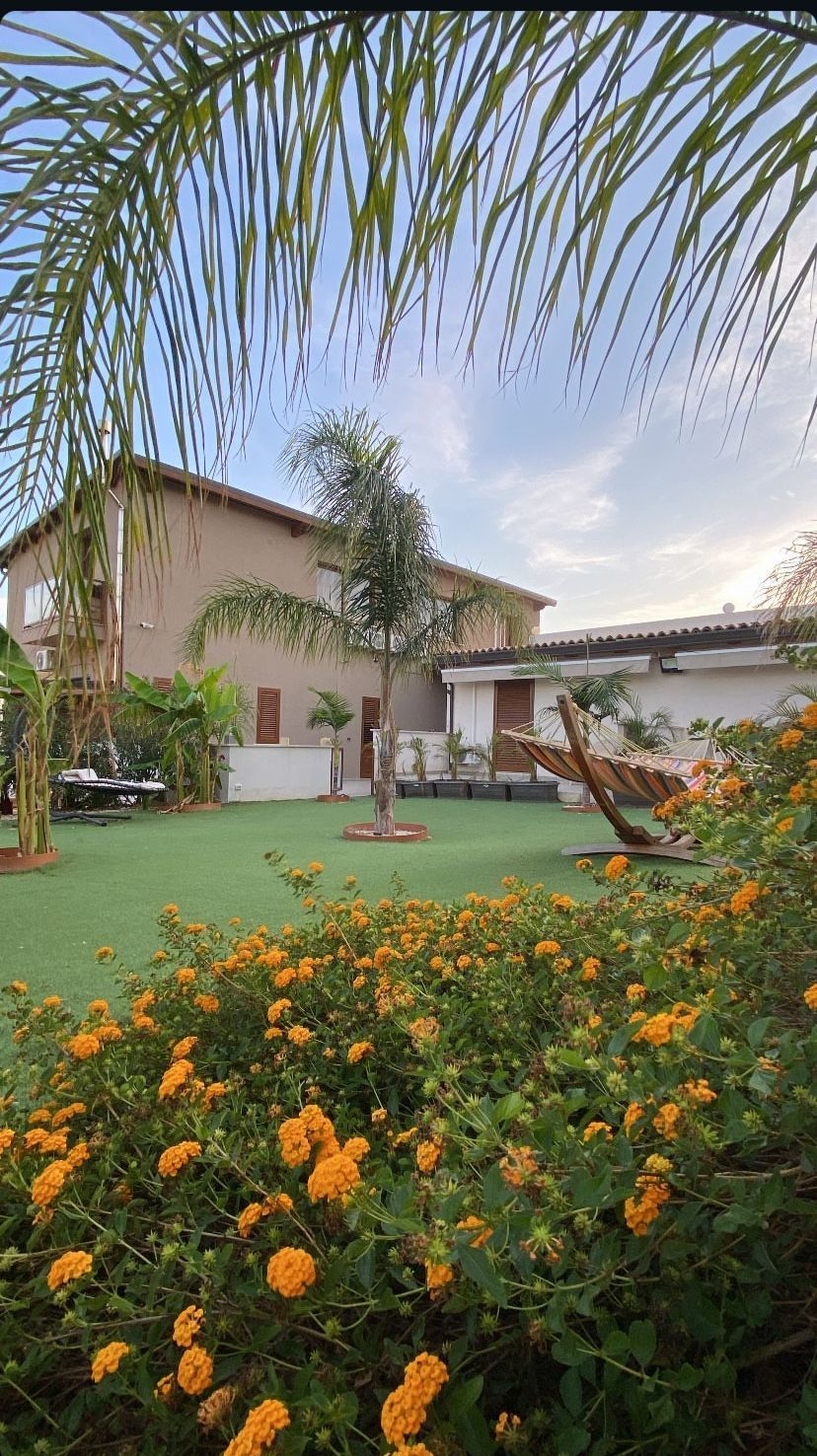 Lussureggiante giardino verde con fiori gialli, palme e un edificio a due piani sullo sfondo.