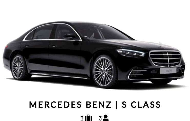 A black mercedes benz s class is shown on a white background.