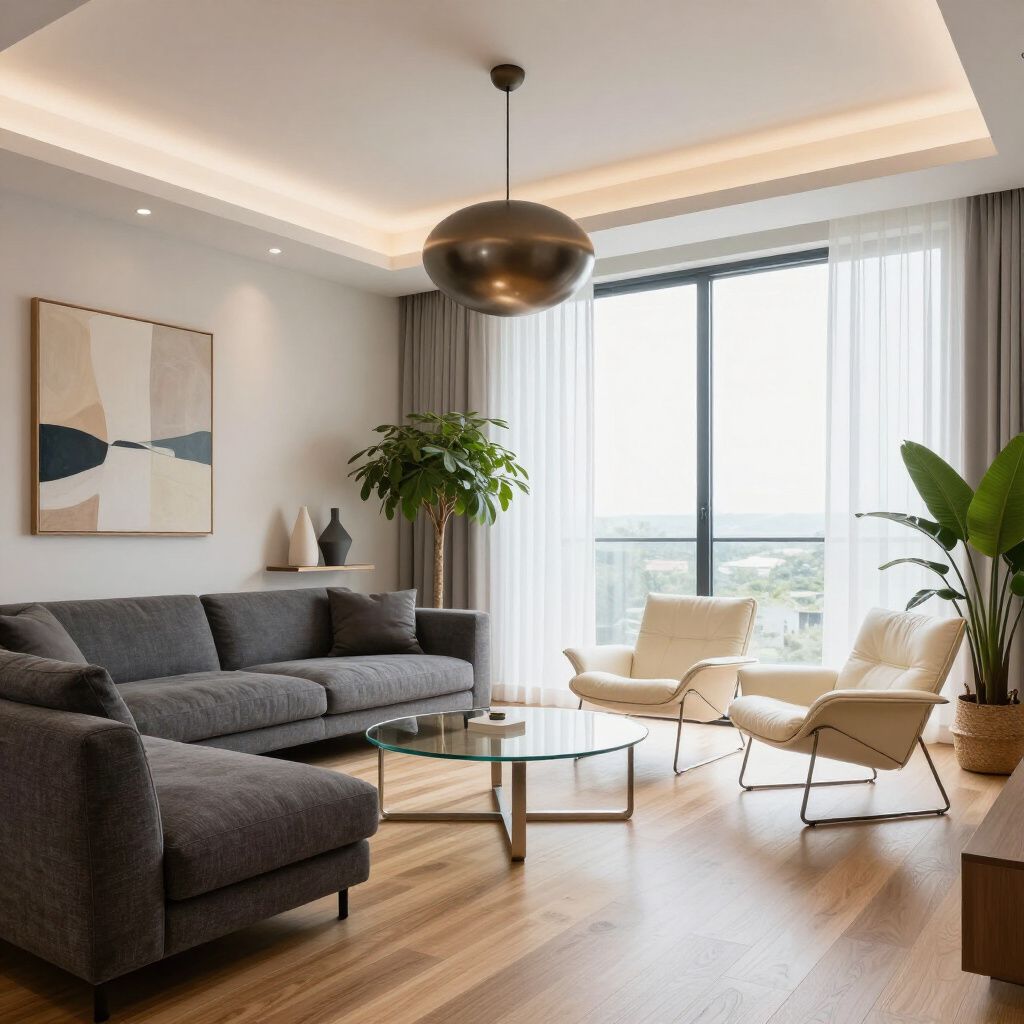 Living room with gray sofa, armchairs, plants, large window, and modern lighting.