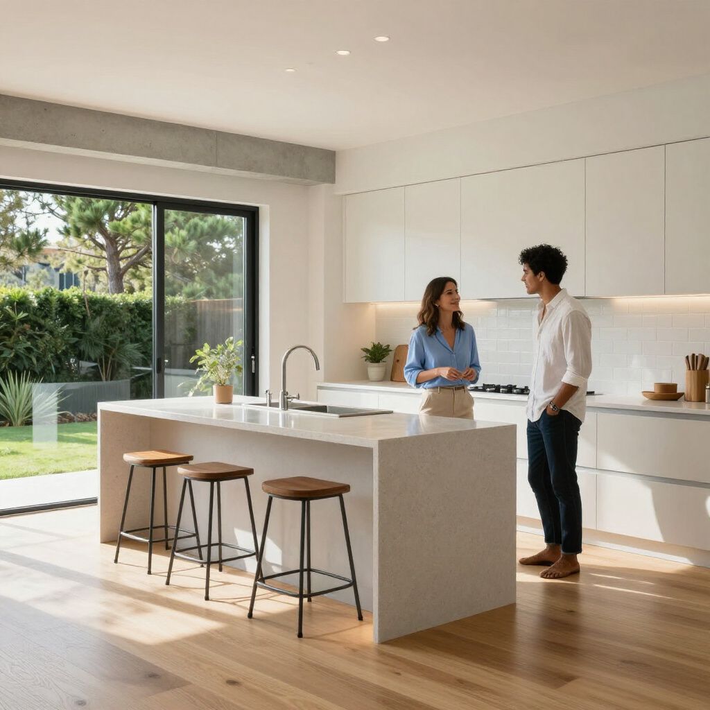 A couple conversing in a modern white kitchen with a large island and backyard view.