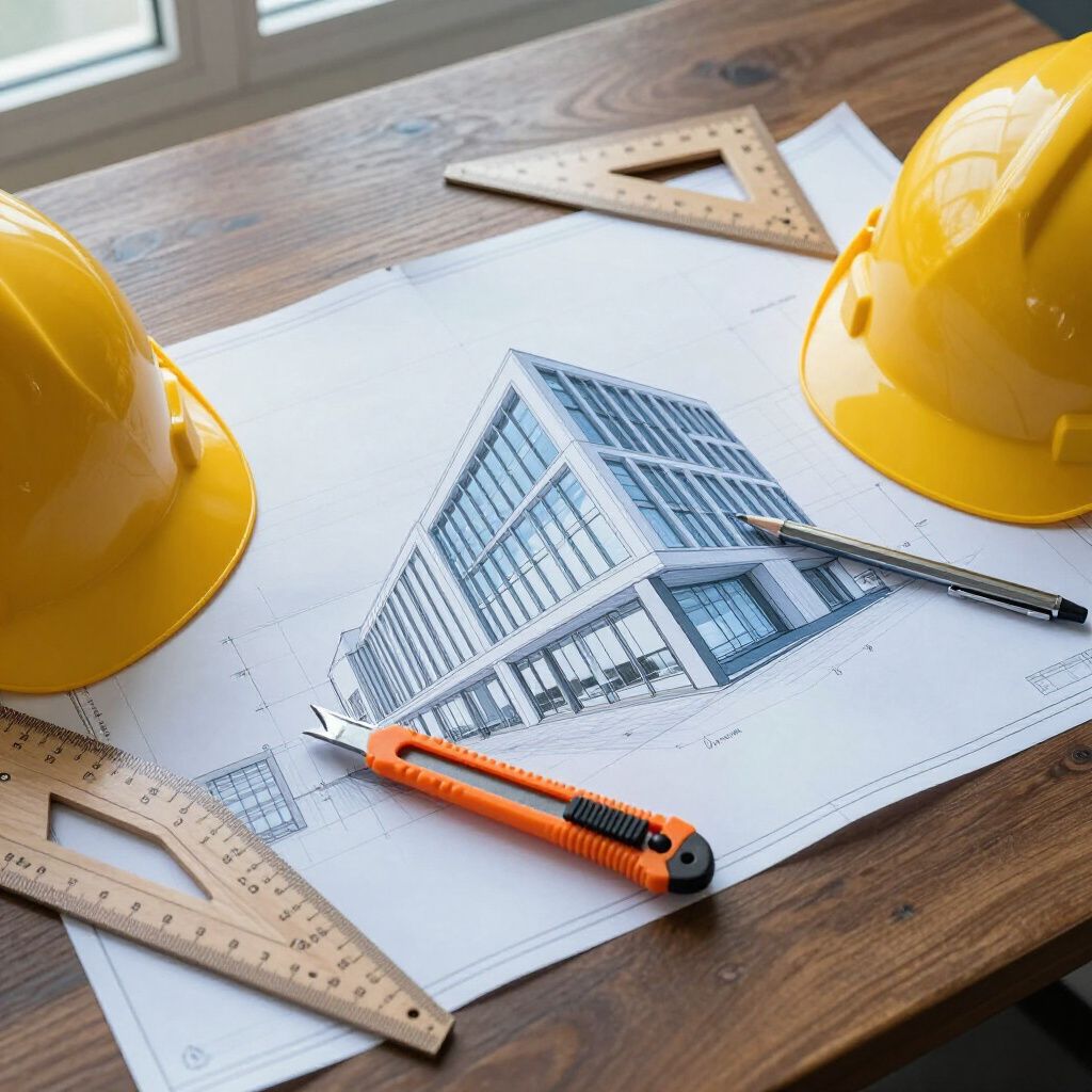 Architectural plans with yellow hard hats, drafting tools, and a utility knife on a wooden table.