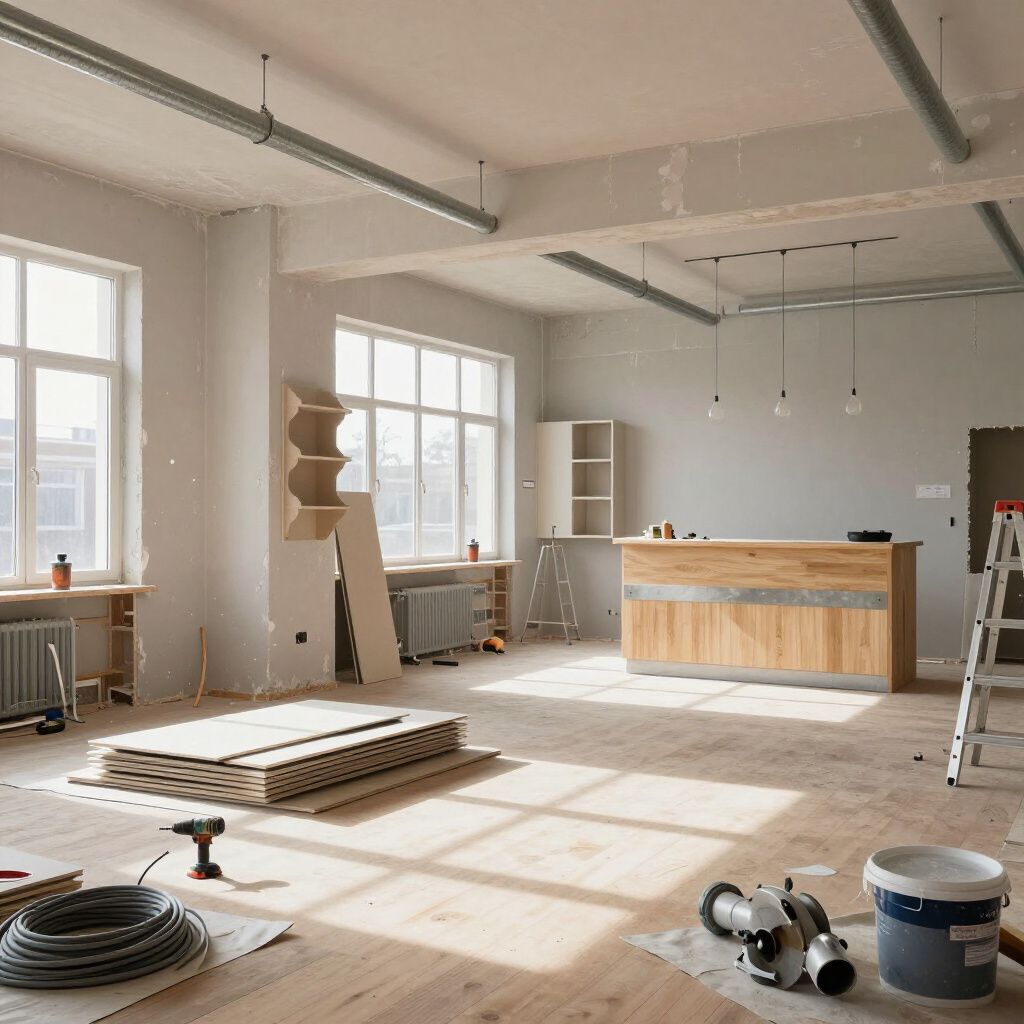 Interior under renovation with wooden floors, bar, windows, and construction materials.