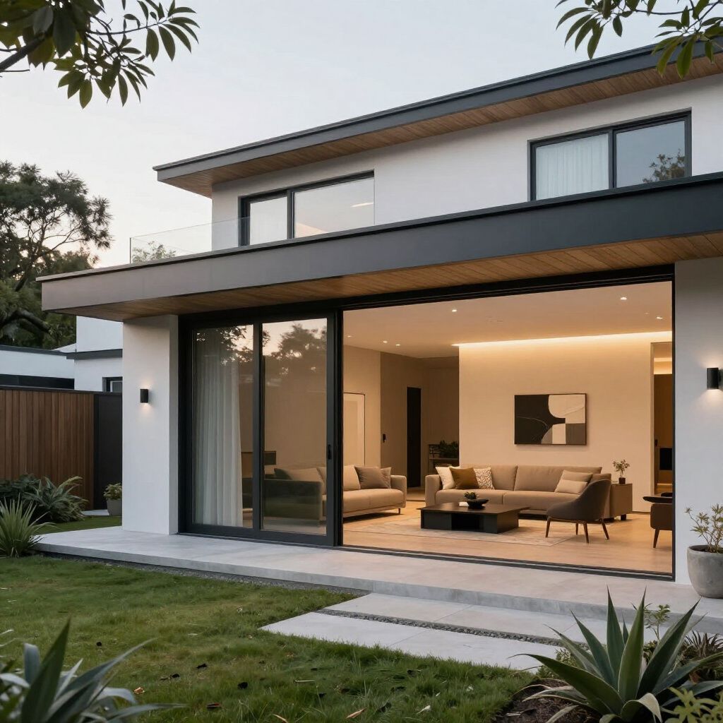 Modern two-story house with open living space and sliding glass doors onto a patio with grass and plants.