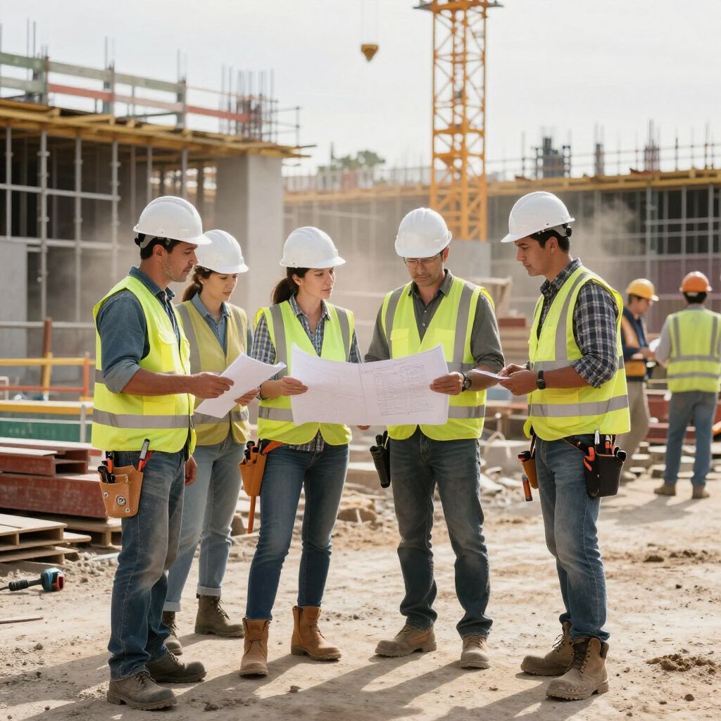 Construction workers in hard hats and vests review blueprints at a building site.