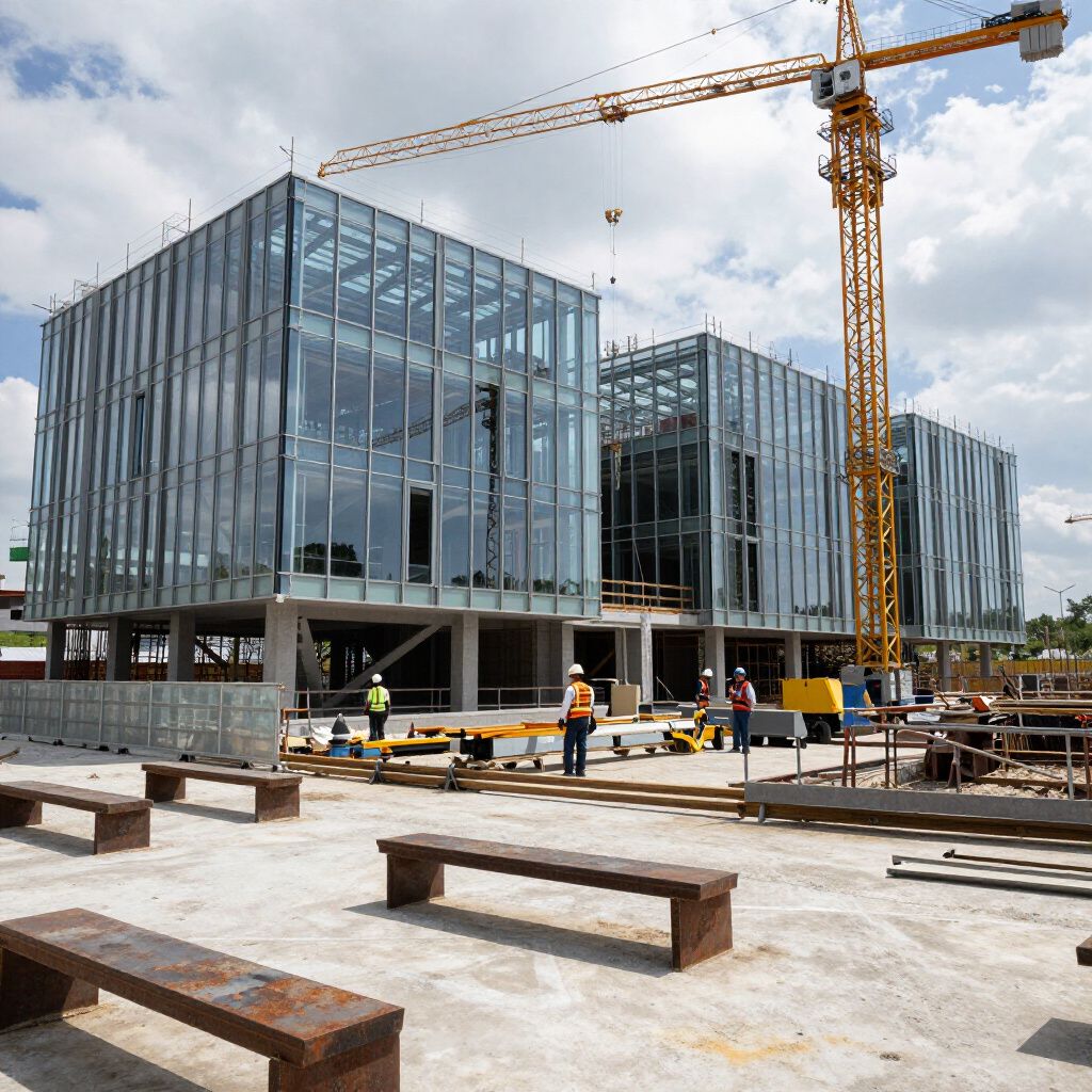 Construction site with three glass-walled buildings. A yellow crane is overhead. Workers in safety vests are present.
