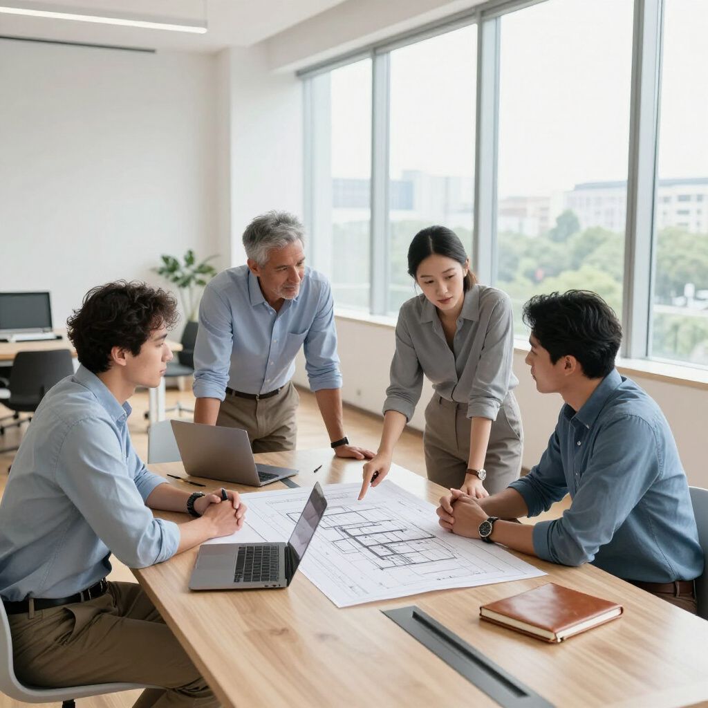 Four people in an office looking at blueprints, discussing a project.