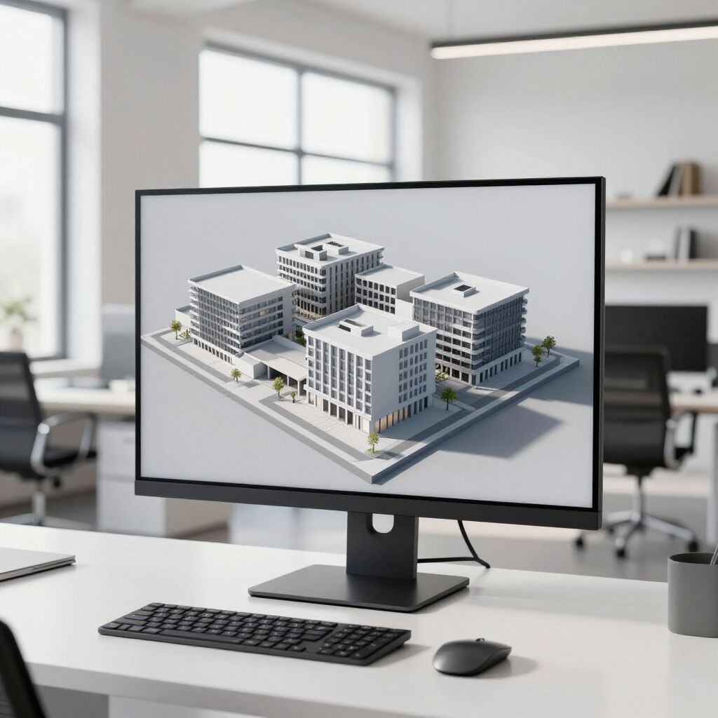 Computer monitor displaying a 3D architectural model of several buildings in an office setting.