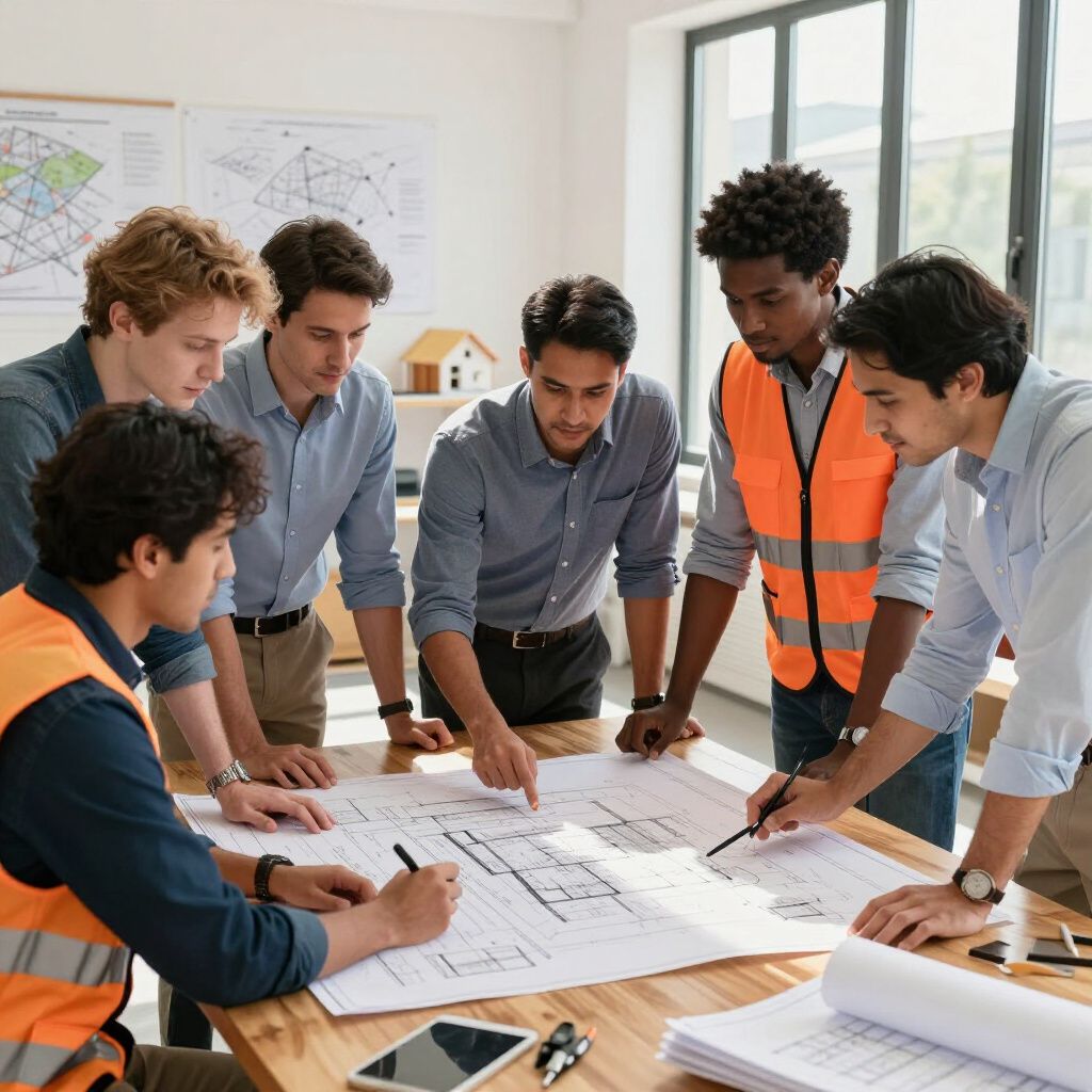 Architects in a meeting, reviewing building plans on a table. One wears an orange vest.