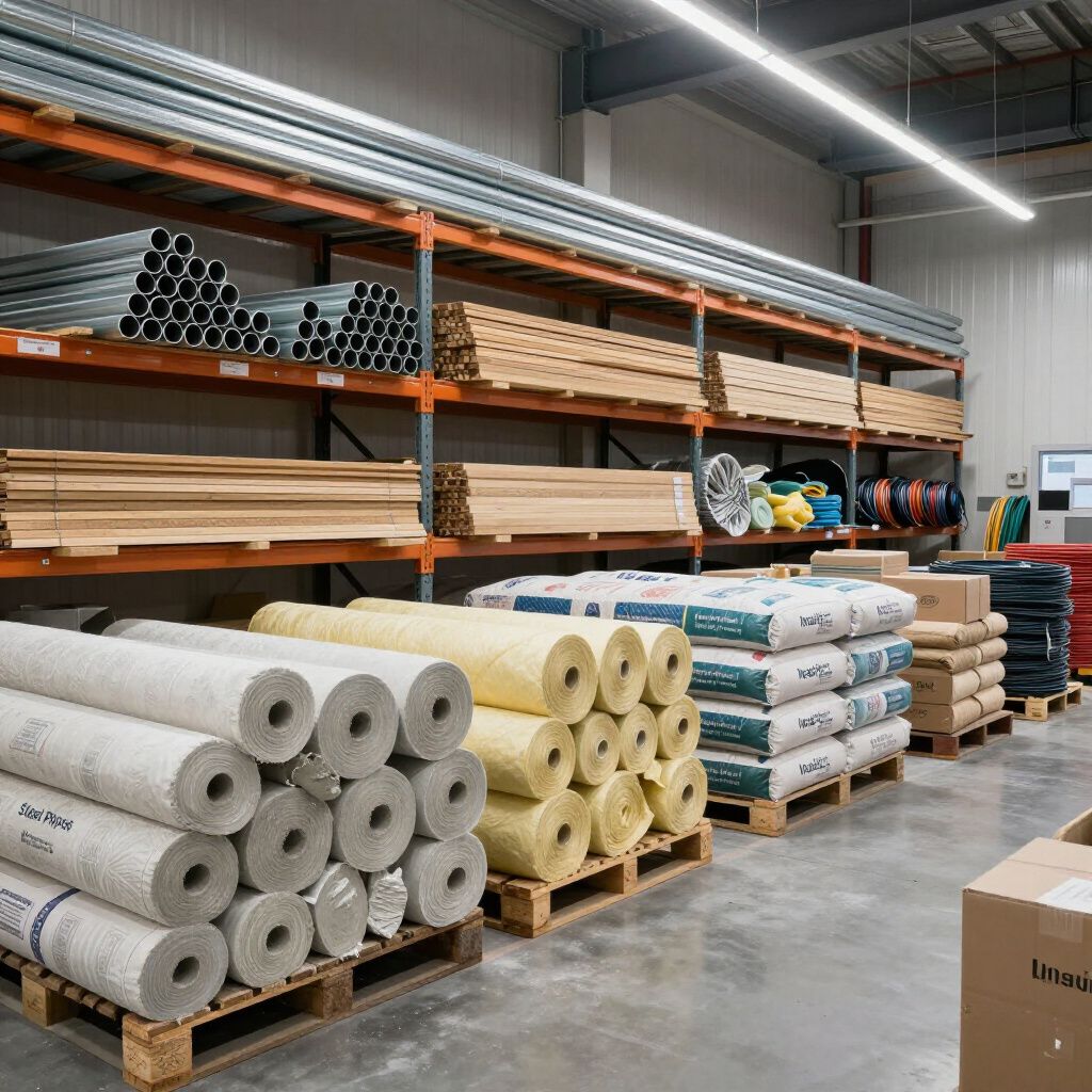 Warehouse interior with shelves of lumber, pipes, rolls of materials, and bagged supplies.