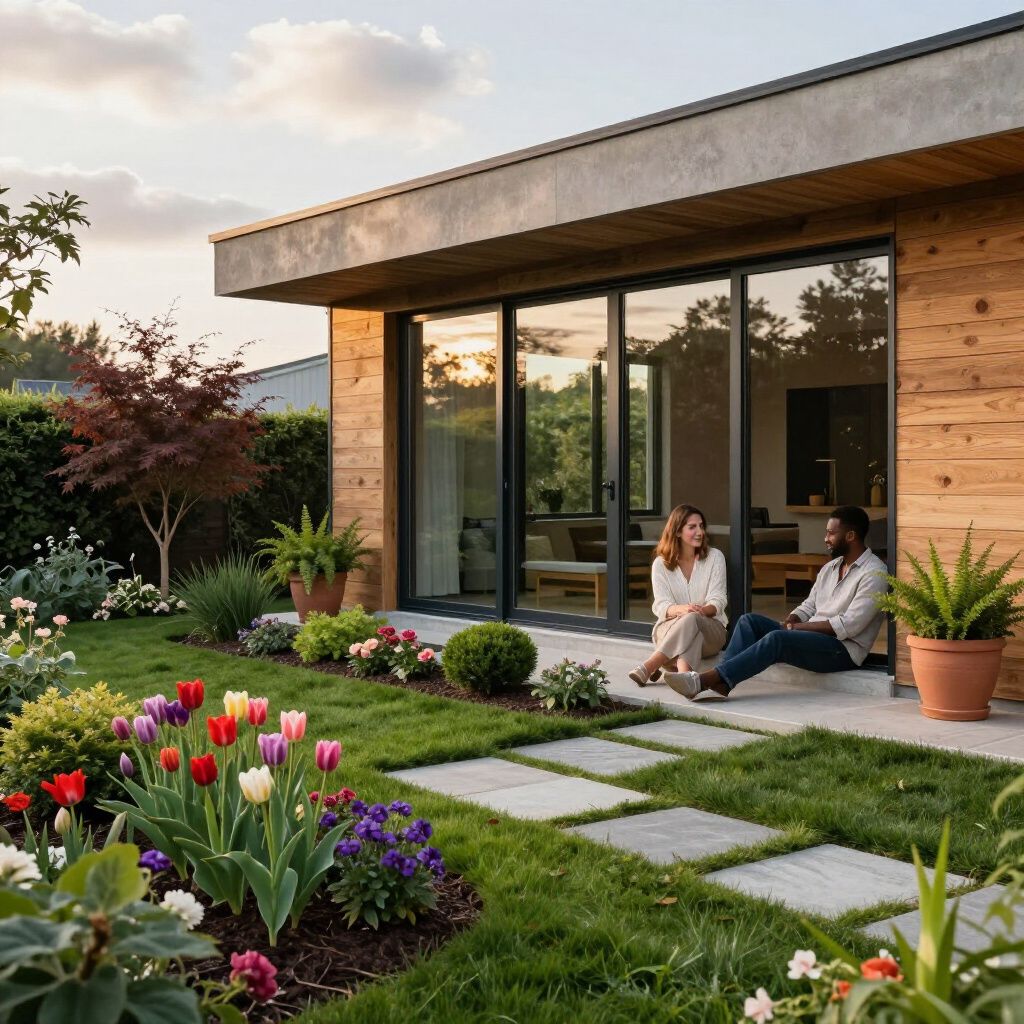 Two people sit on a porch, overlooking a garden of tulips and plants, with a building in the background.