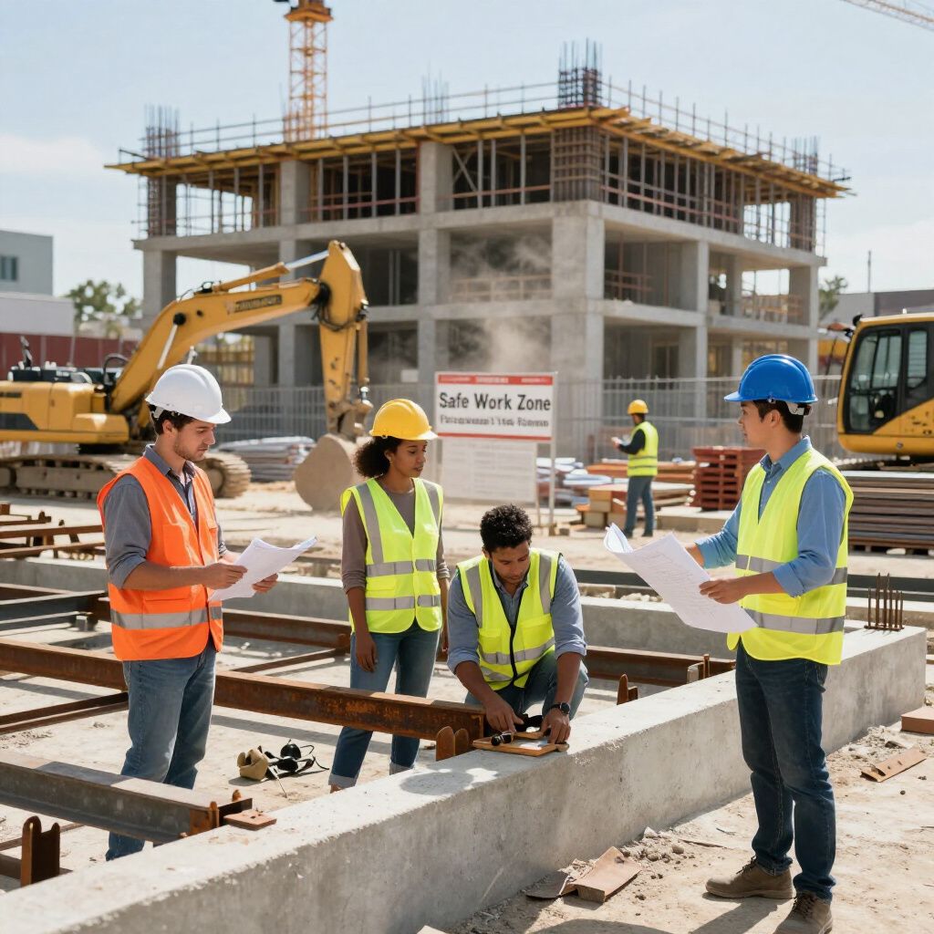 Construction workers at a building site reviewing blueprints. Construction equipment and a partially built structure are visible.