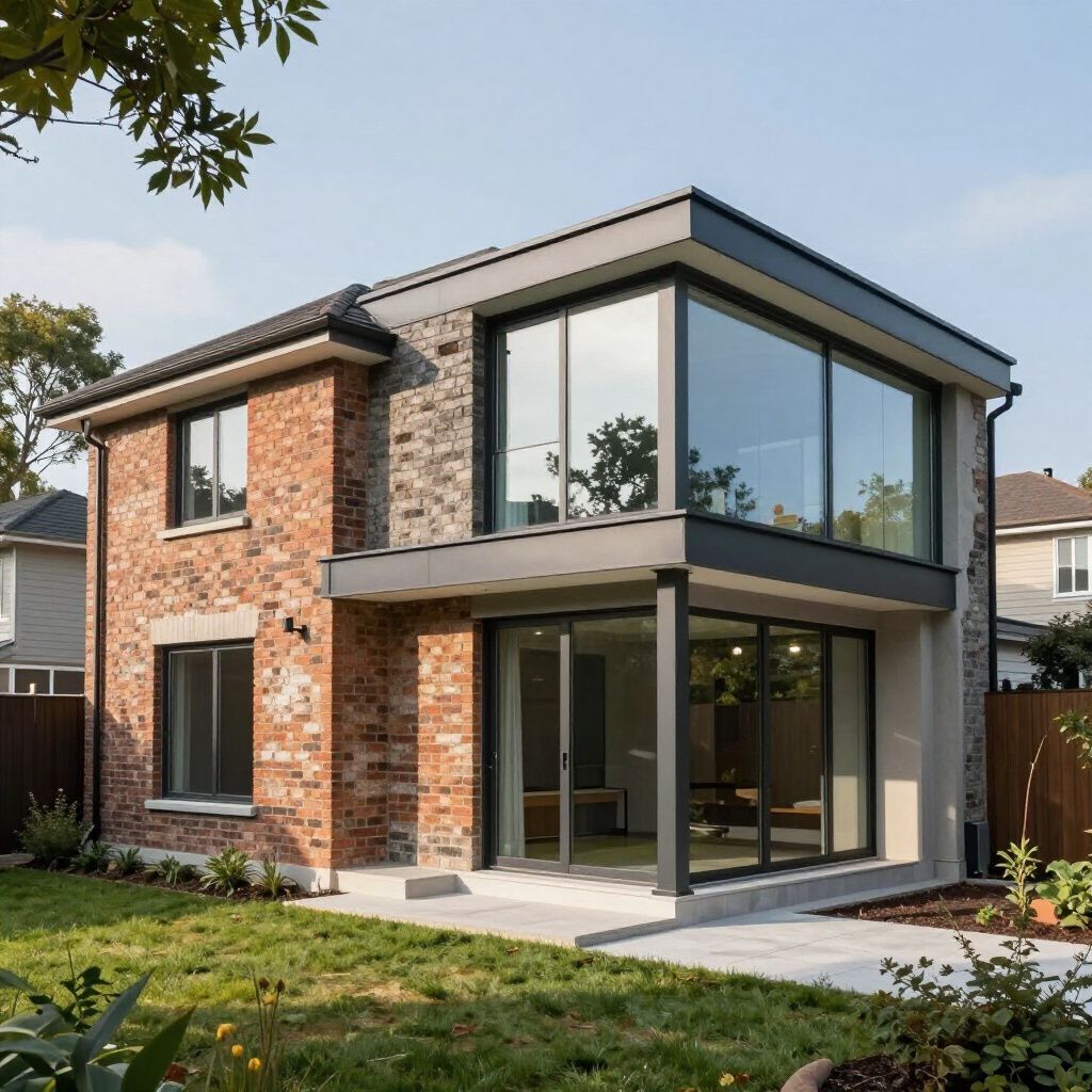 Two-story modern home with brick and stone exterior, large windows, and a small yard.