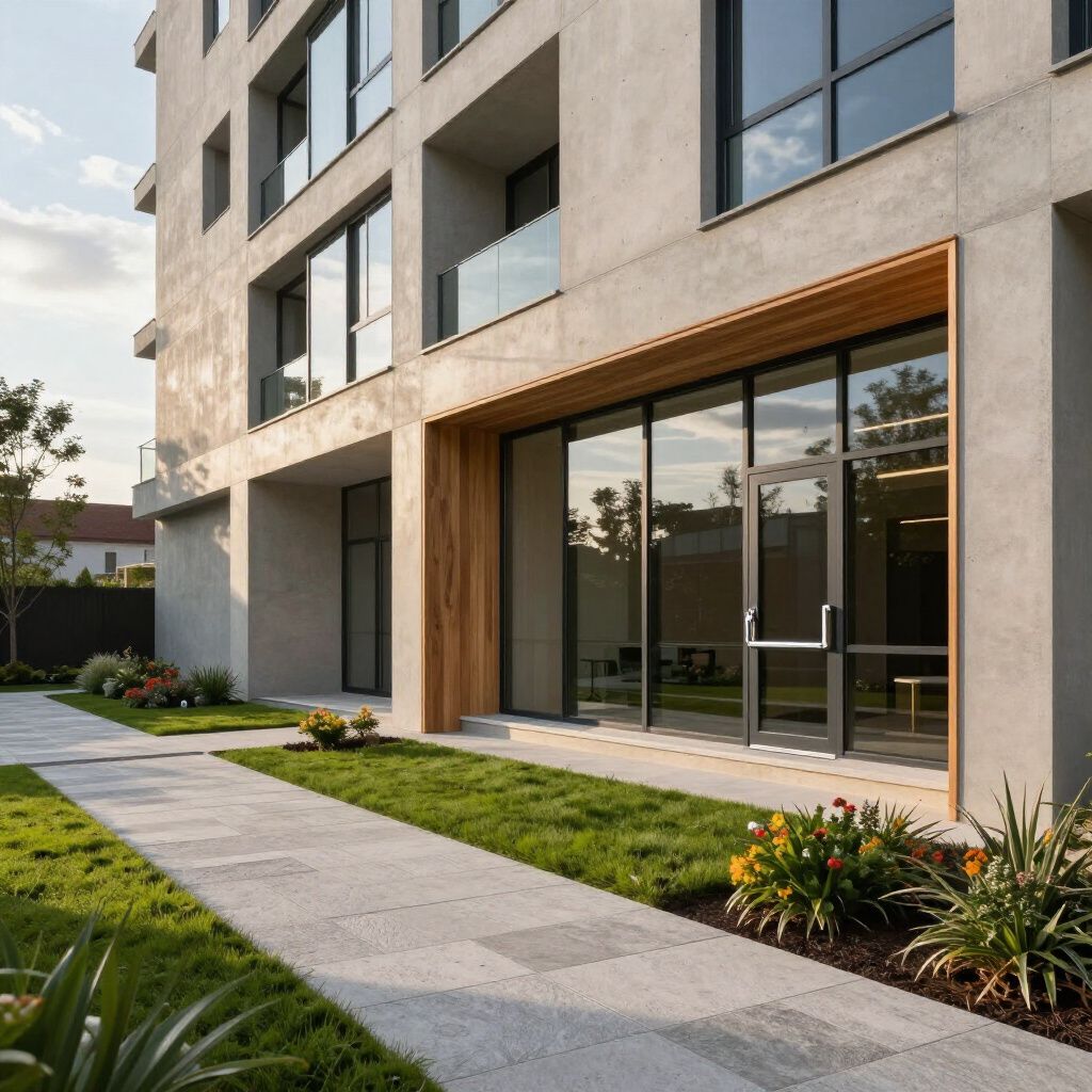 Modern building exterior with glass doors, wood accents, and pathway.
