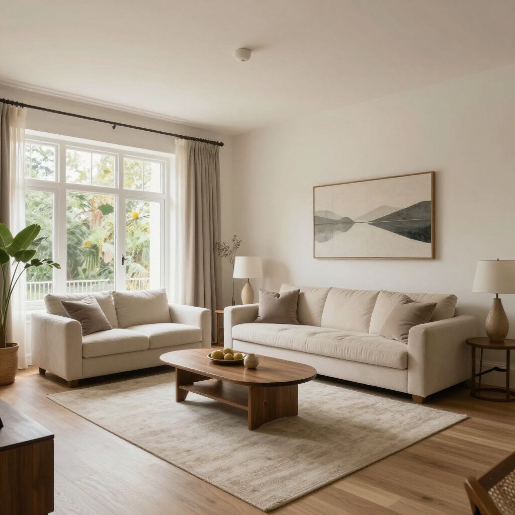 Living room with beige couches, rug, coffee table, and large window.