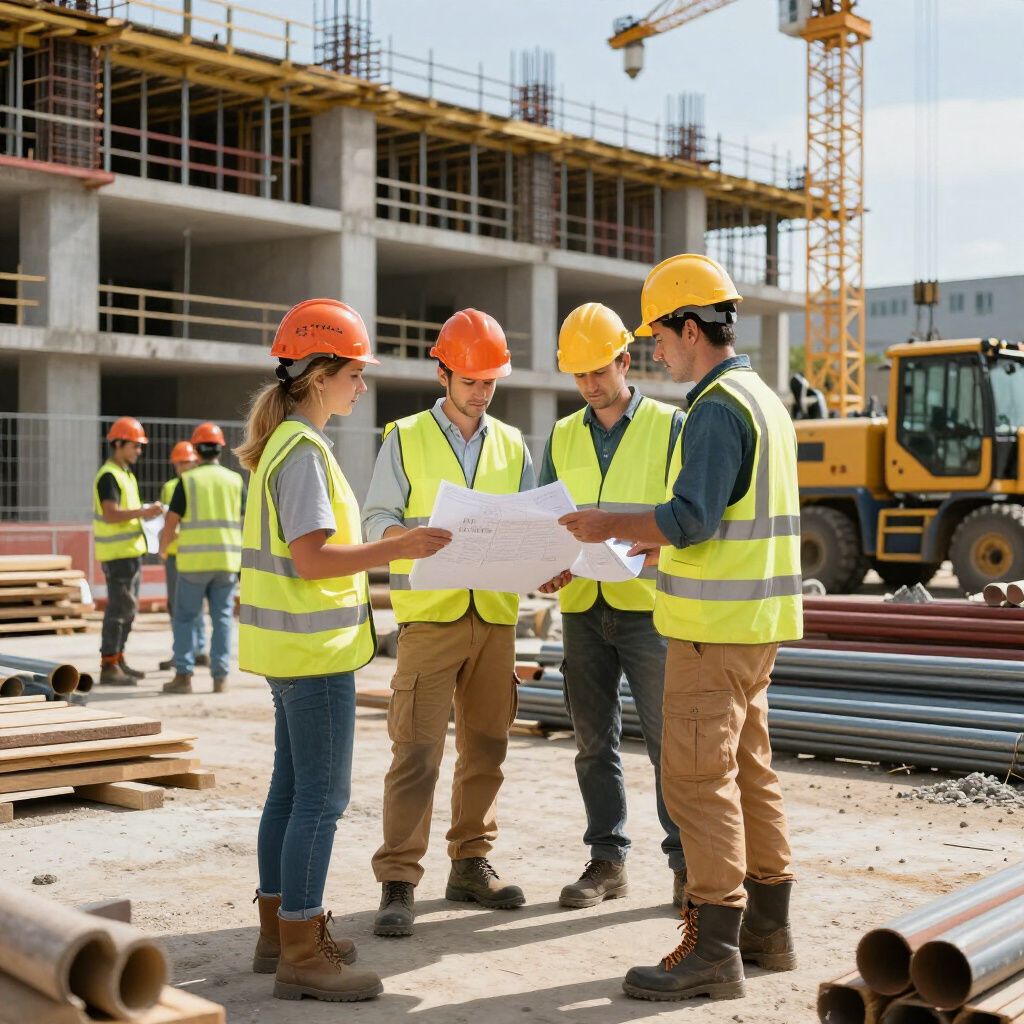 Construction workers in safety gear review blueprints at a building site with a crane and heavy machinery.