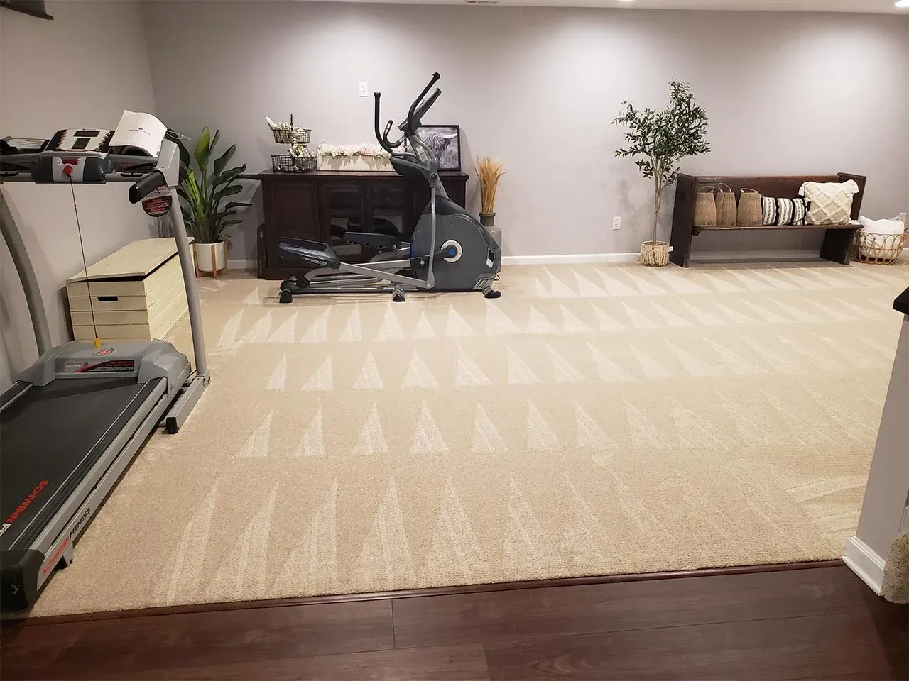 Home gym with treadmill, elliptical, and bench on tan carpet, against light gray walls.