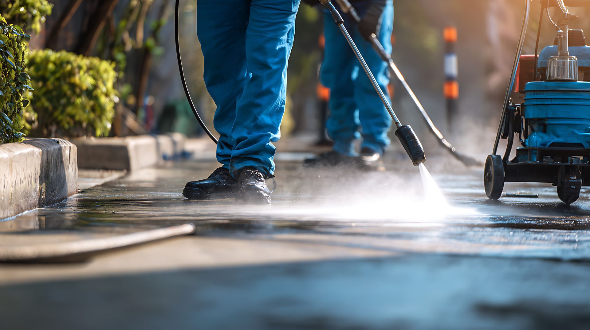 Workers in blue jeans power washing a concrete surface with water spray.
