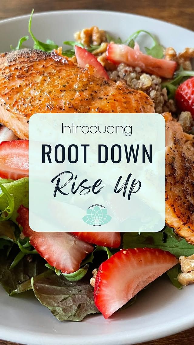 Salmon salad with strawberries and walnuts, text overlay: