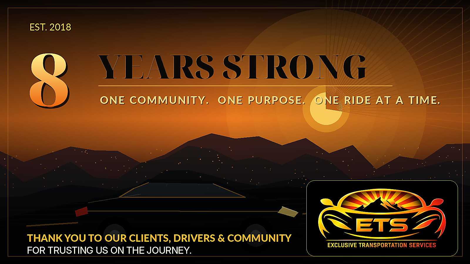 8 Yrs. Strong anniversary graphic for ETS featuring a luxury black SUV, ETS logo, and sunset.