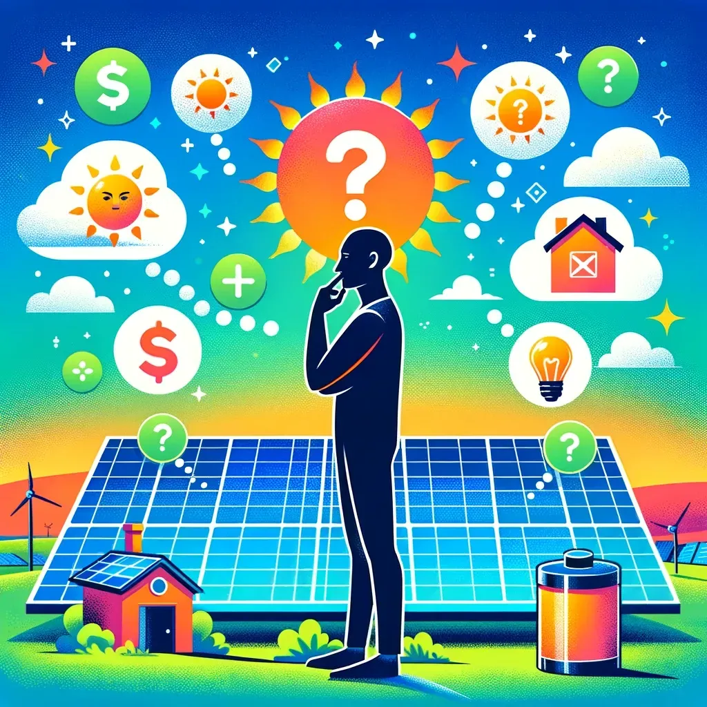 A man is standing in front of a solar panel with a question mark above his head.