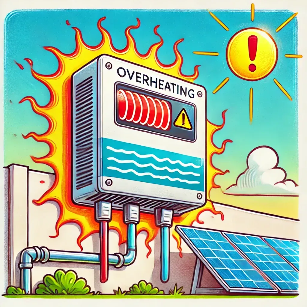 A cartoon illustration of a solar panel being overheated by the sun.