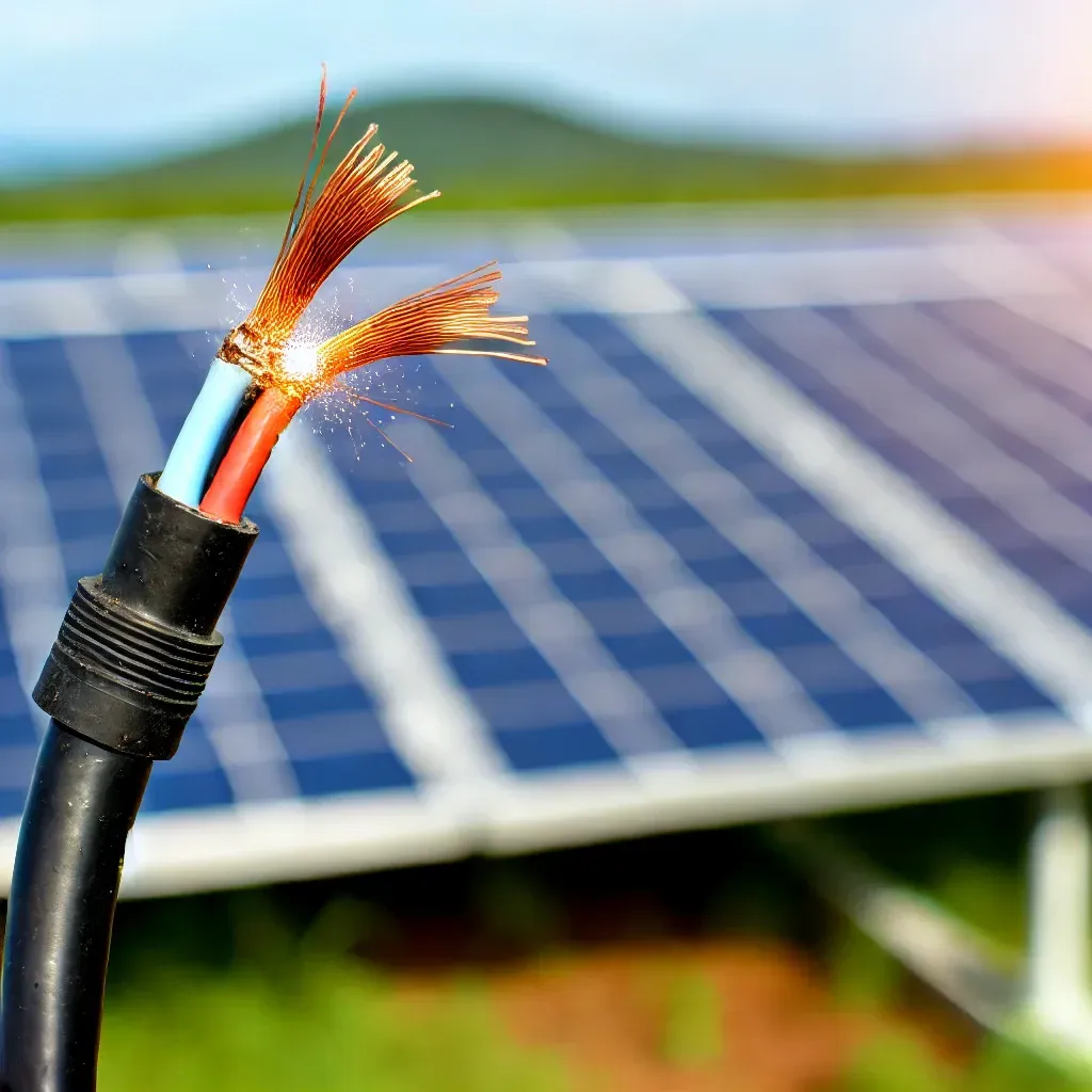A person is holding a DC cable in front of a solar panel