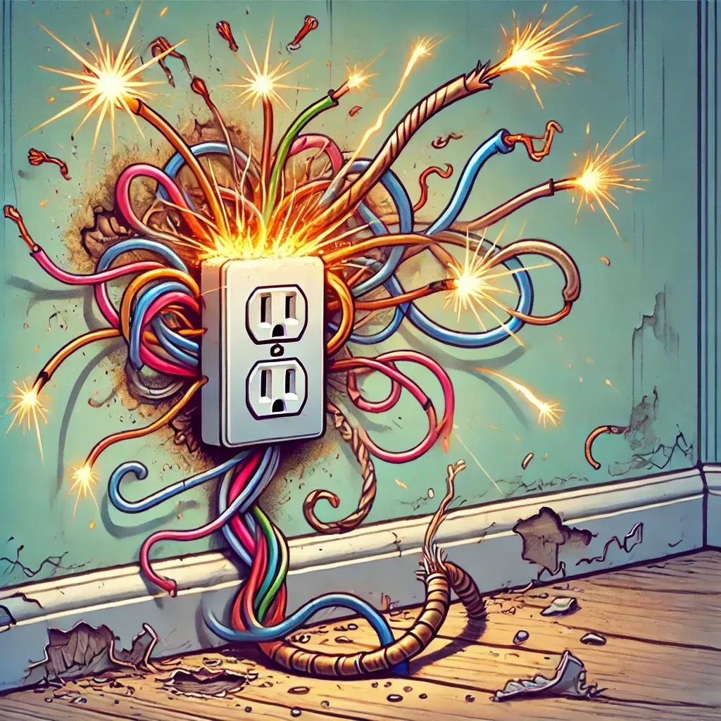 A cartoon illustration of an electrical outlet with wires coming out of it