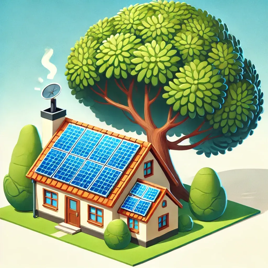 A house with solar panels on the roof and a tree in the background.