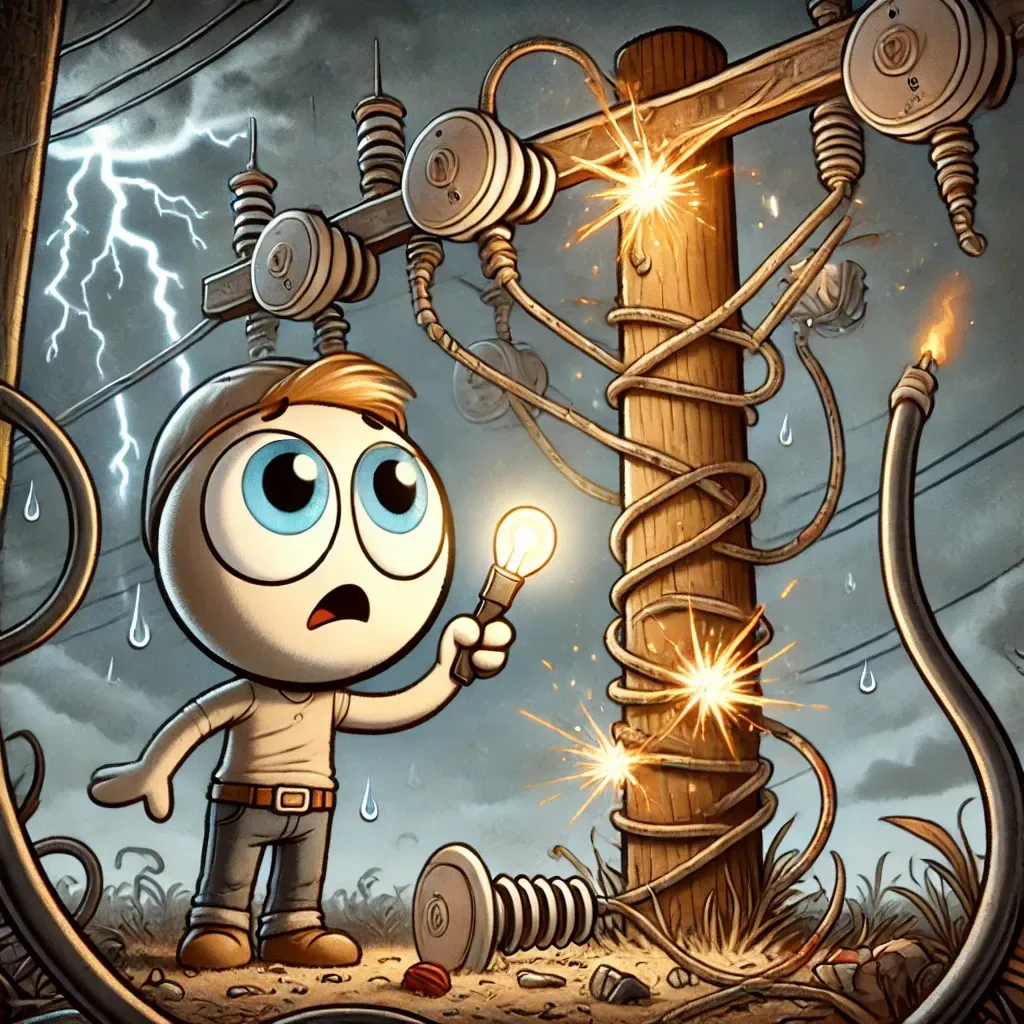 A cartoon character is holding a light bulb in front of an electrical pole.