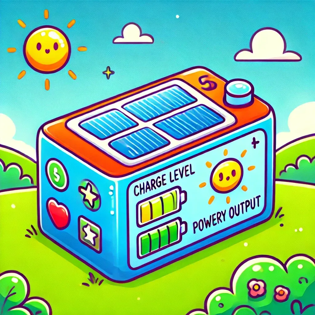 A cartoon illustration of a solar panel that says charge level and power output.