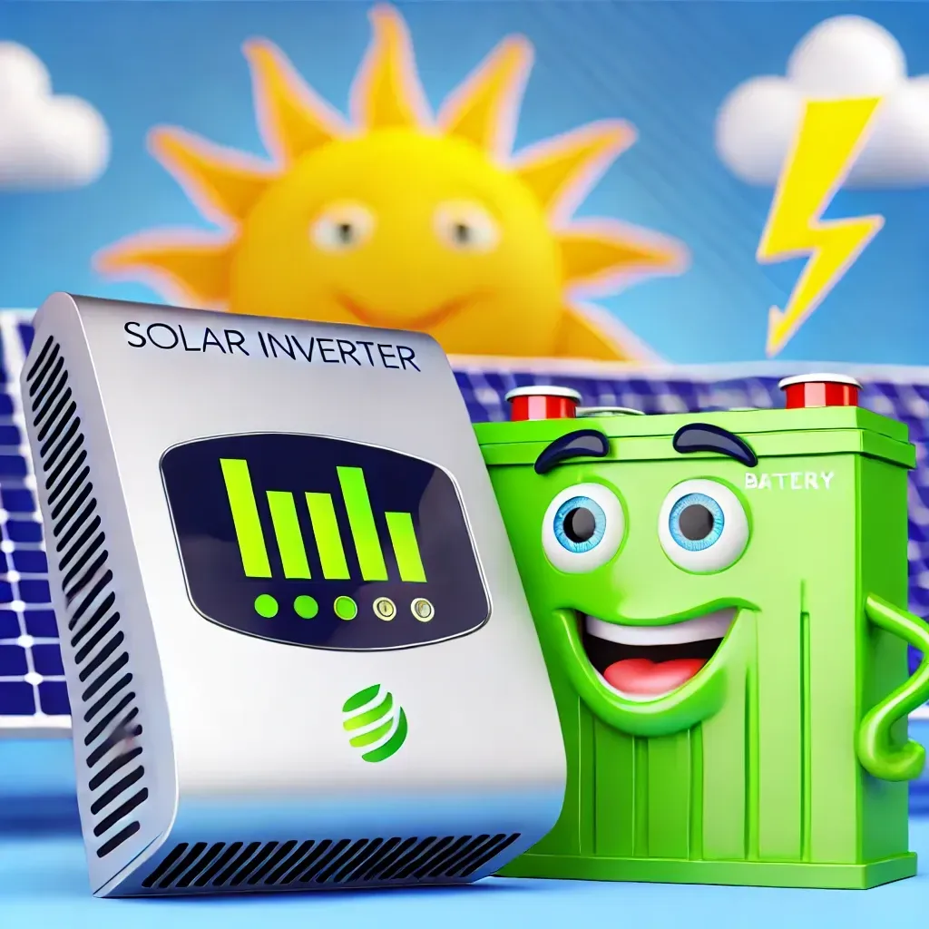 A solar inverter and a battery are standing next to each other.