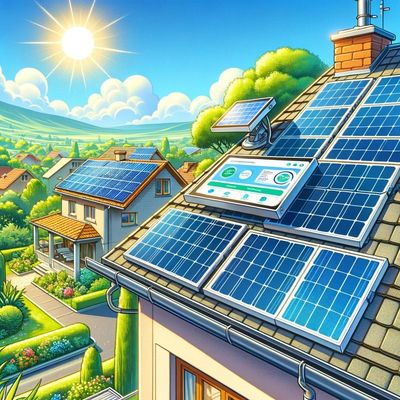 A cartoon illustration of a house with solar panels on the roof.