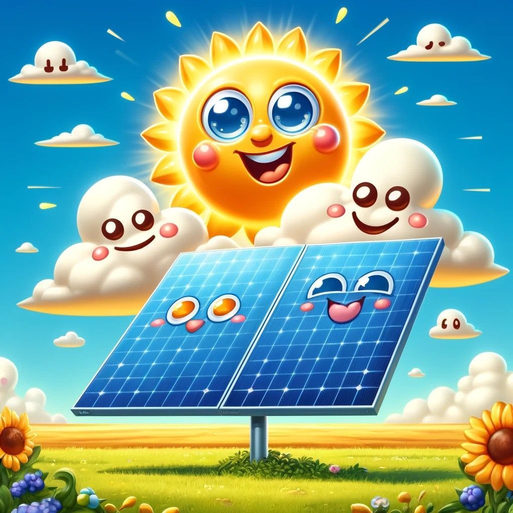 A cartoon illustration of a solar panel with smiley faces on it