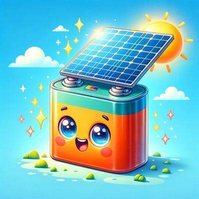 A cartoon illustration of a battery with a solar panel on top of it.