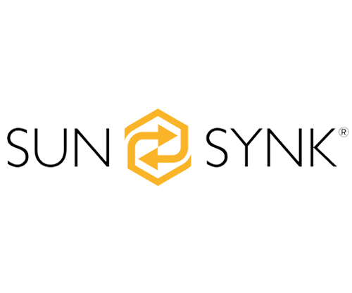 The sun sync logo is a yellow and black logo with two arrows pointing in opposite directions.