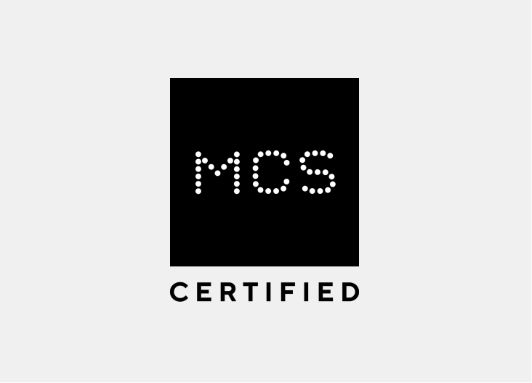 A mcs certified logo on a white background